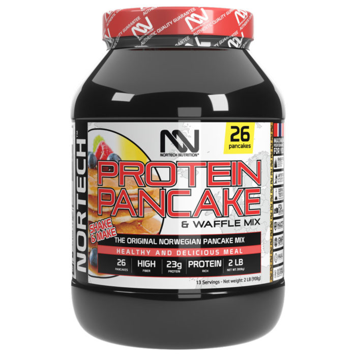 Picture of 2 LB Jar with Protein Pancake powder. Nortech Nutrition brand