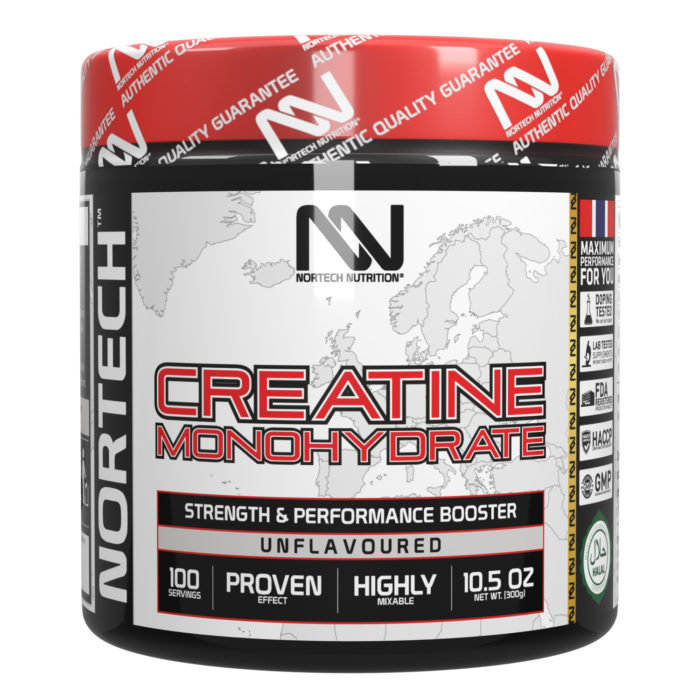 Shiny black Creatine Monohydrate jar with vibrant, high-end Nortech Nutrition label.