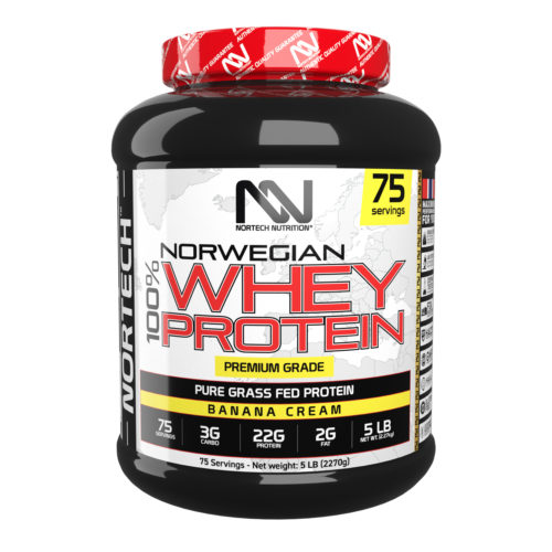 Shiny black 5 LB jar of 100% Whey Protein Cremy Banana with vibrant Nortech Nutrition label and bold typography.