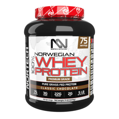 5 LB Black Jar of Norwegian 100% Whey Protein Classic Chocolate with vibrant Nortech Nutrition label and bold typography.