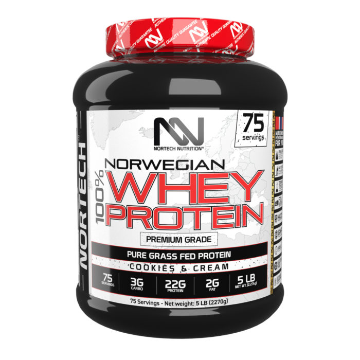 Shiny black 5 LB jar of 100% Whey Protein Cookies & Cream with vibrant Nortech Nutrition label and bold typography.