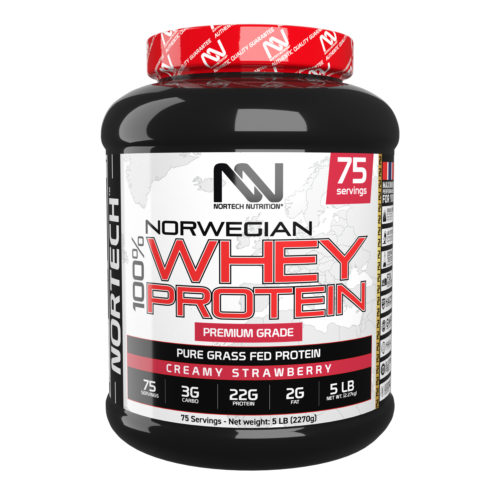 Shiny black 5 LB jar of 100% Whey Protein Creamy strawberry with vibrant Nortech Nutrition label and bold typography