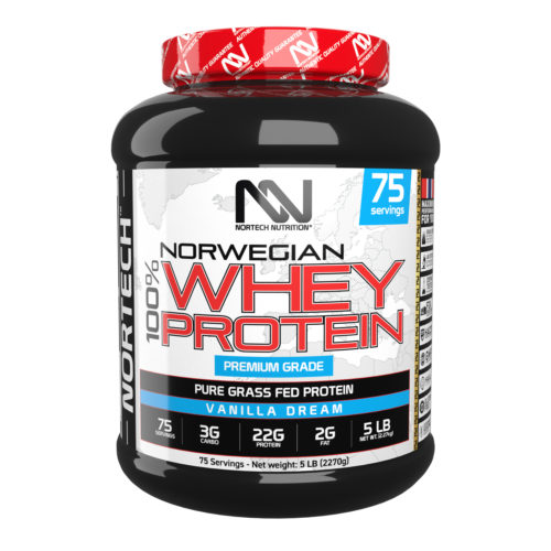 Shiny black 5 LB jar of 100% Whey Protein Vanilla Dream with vibrant Nortech Nutrition label and bold typography.