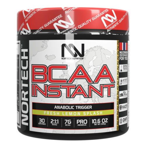 Shiny black BCAA Instant Fresh Lemon Splash jar with vibrant, high-end Nortech Nutrition label accompanied with a red cap.