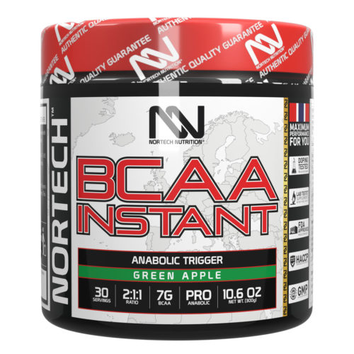 Shiny black BCAA Instant Green Apple Blast jar with vibrant, high-end Nortech Nutrition label accompanied with a red cap.