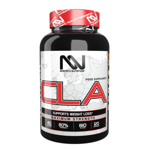 Black shiny bottle of CLA capsules with vibrant Nortech Nutrition label and bold typography.