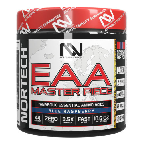 EAA Master Piece supplement in Blue Raspberry Flavour, black jar with vibrant label and red closure.