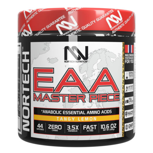 EAA Master Piece supplement in Tangy Lemon Flavour, black jar with vibrant label and red closure.