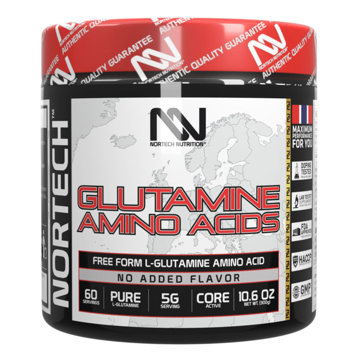 Glutamine powder in black jar with vibrant label and red closure