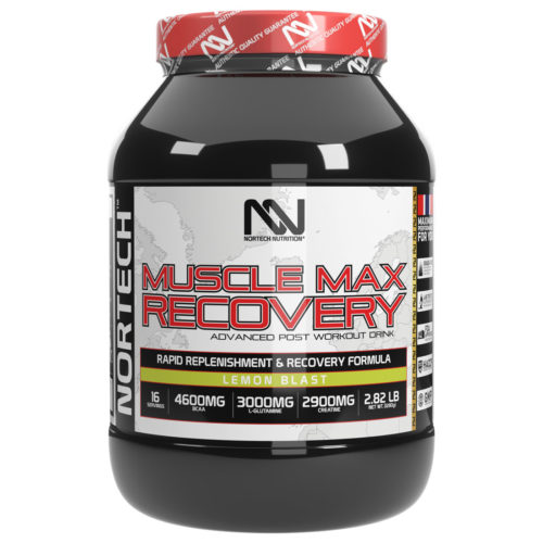 2.82 LB Black Jar of Muscle Max Recovery Drink powder with vibrant Nortech Nutrition label and bold typography.