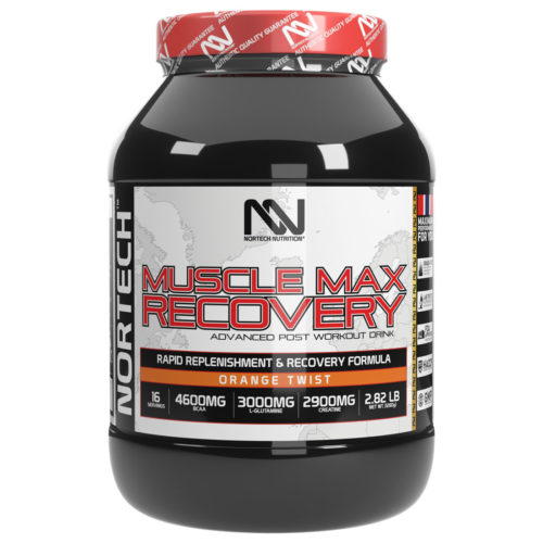 2.82 LB Black Jar of Muscle Max Recovery Drink powder Orange Twist with vibrant Nortech Nutrition label and bold typography
