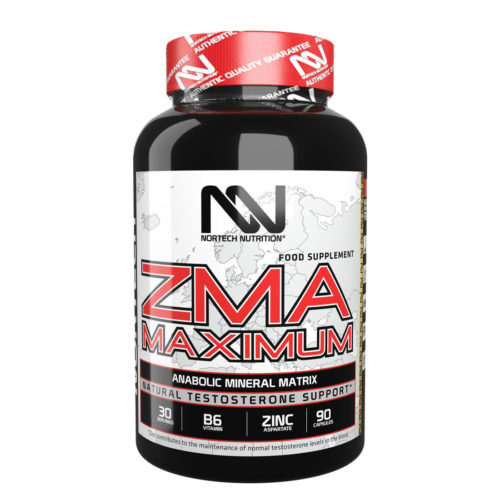 Shiny black bottle of ZMA Maximum capsules with vibrant Nortech Nutrition label and bold typography.
