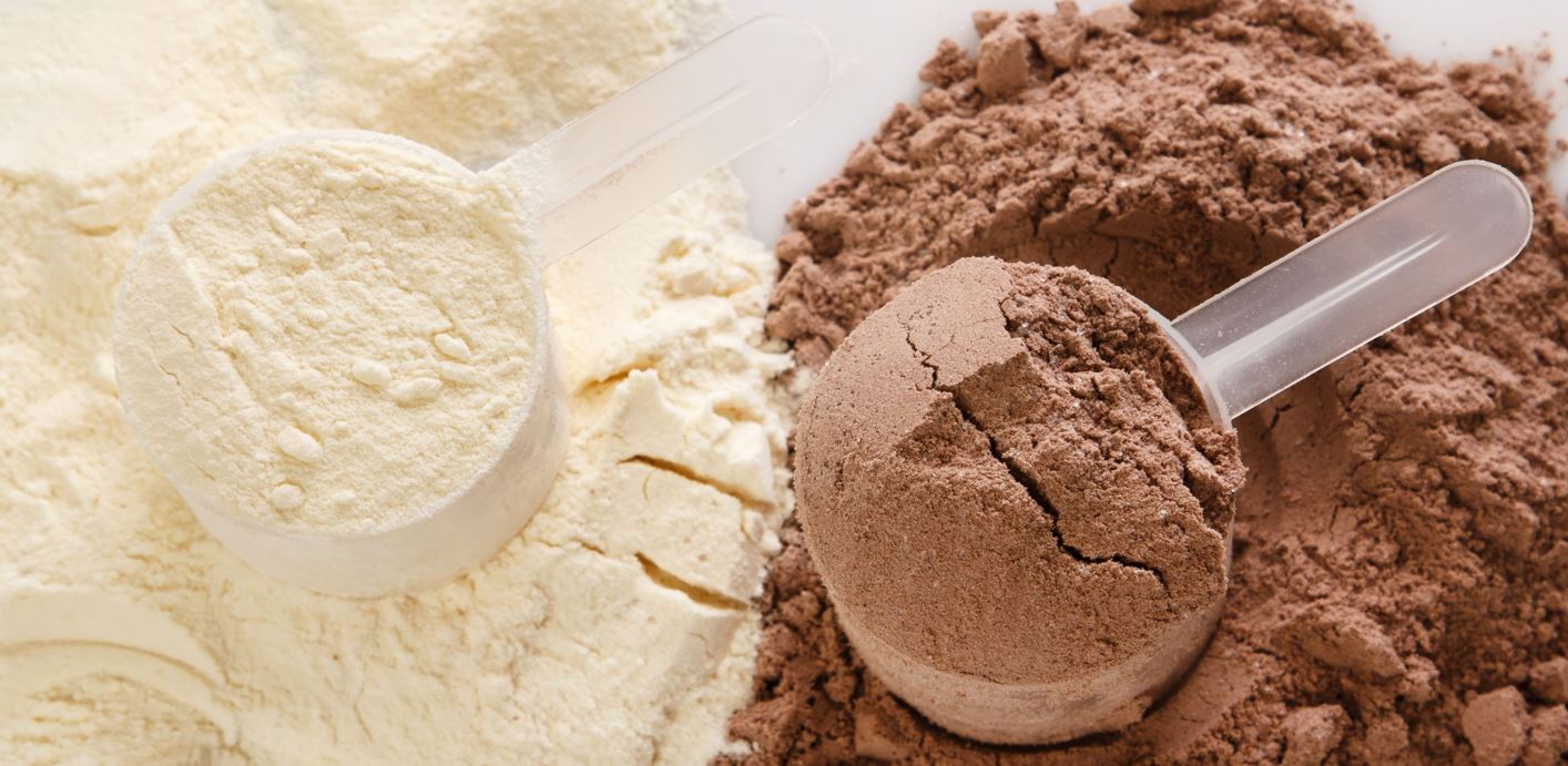 Close-up of grass-fed whey protein powders: Vanilla and Chocolate flavors on a table with visible scoops.