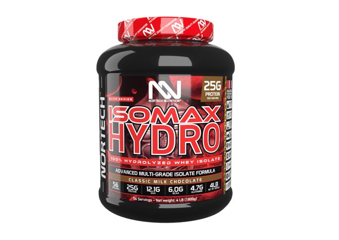 4 LB Black Jar of ISOMAX HYDRO Whey Protein with vibrant Nortech Nutrition label and bold typography.