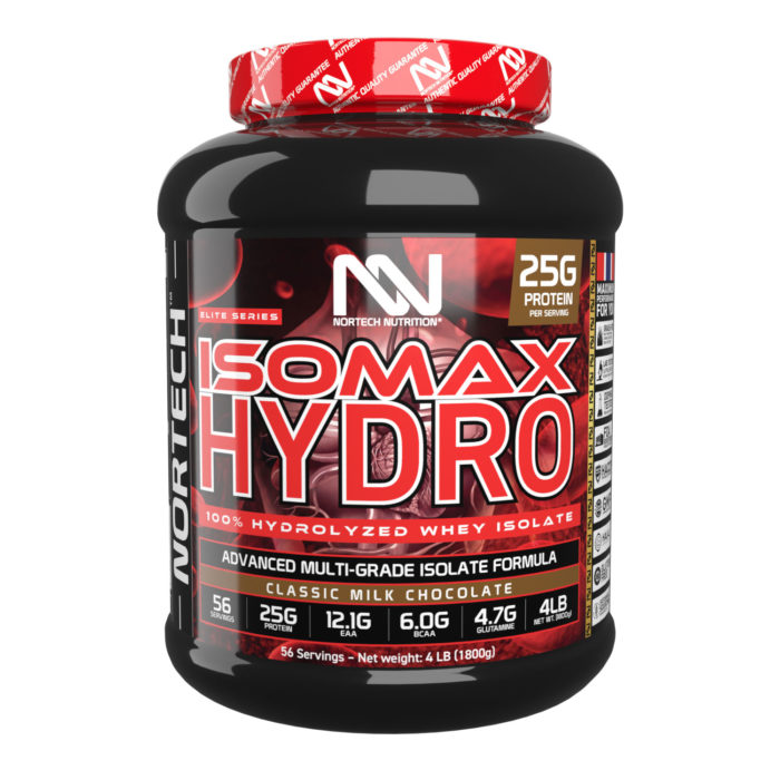 4 LB Black Jar of ISOMAX HYDRO Whey Protein with vibrant label and bold typography.