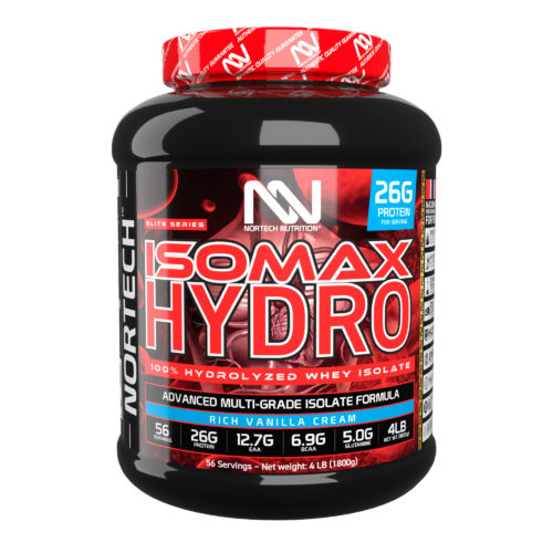 4 LB (1800g) Black Jar of ISOMAX HYDRO Whey Protein Rich Vanilla Cream flavour with vibrant Nortech Nutrition label and bold typography.